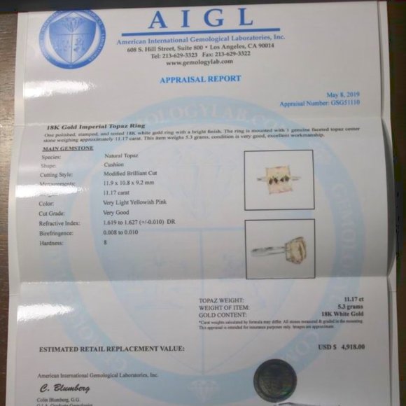 Imperial Topaz 11.17ct Solid 18K White Gold Ring - Picture 3 of 9